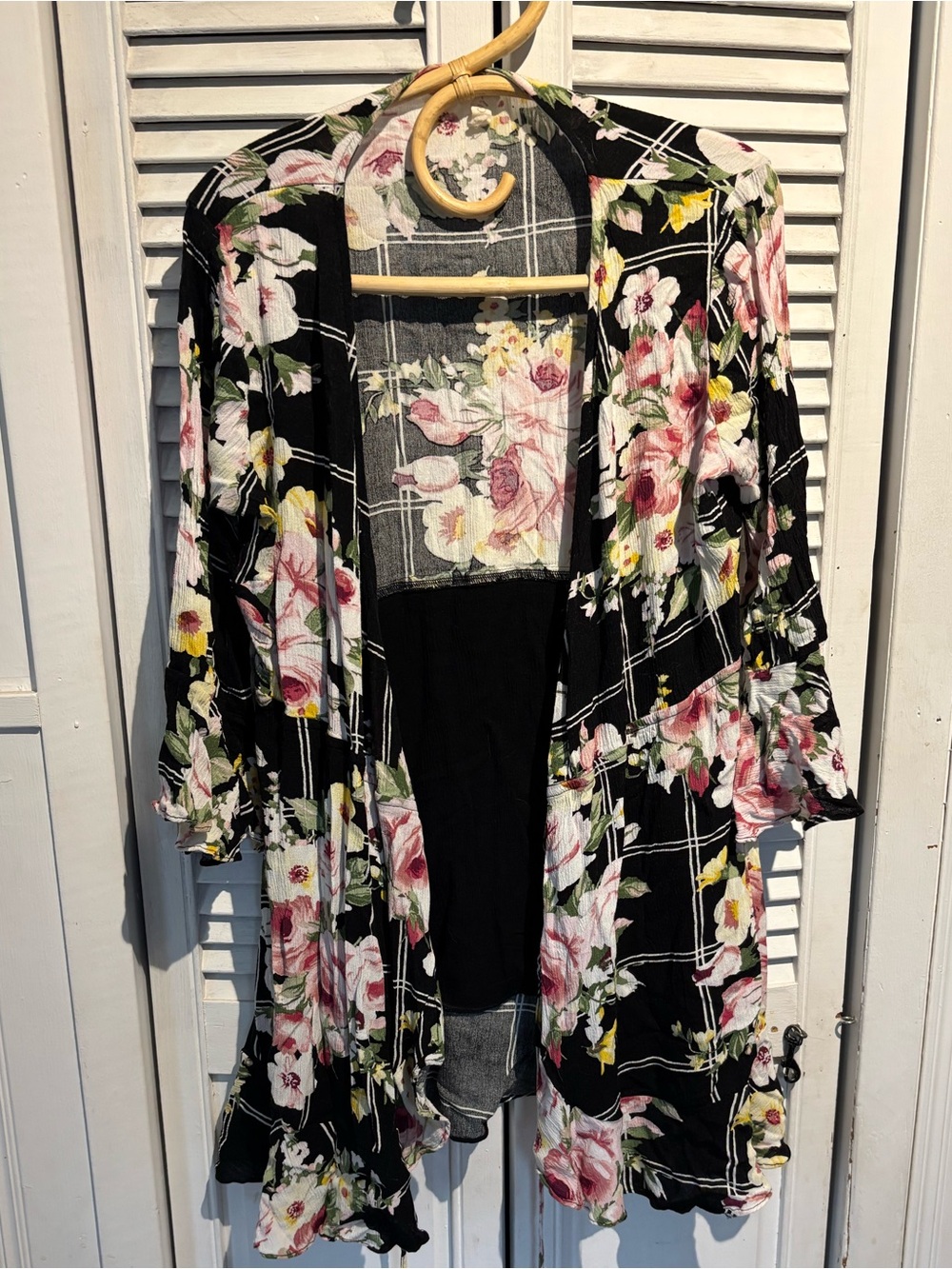 ODDY Black Floral Open-Front Duster with Pink & Cream Blooms